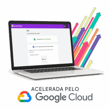Plataforma de Assinatura Digital Simples, Segura e com Plano Gratuito | SuperSign Imagem da plataforma SuperSign, mostrando um laptop com a interface de assinatura digital, destacando simplicidade, segurança, rapidez e plano gratuito, acelerada pelo Google Cloud.