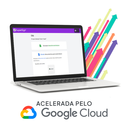 Plataforma de Assinatura Digital Simples, Segura e com Plano Gratuito | SuperSign Imagem da plataforma SuperSign, mostrando um laptop com a interface de assinatura digital, destacando simplicidade, segurança, rapidez e plano gratuito, acelerada pelo Google Cloud.